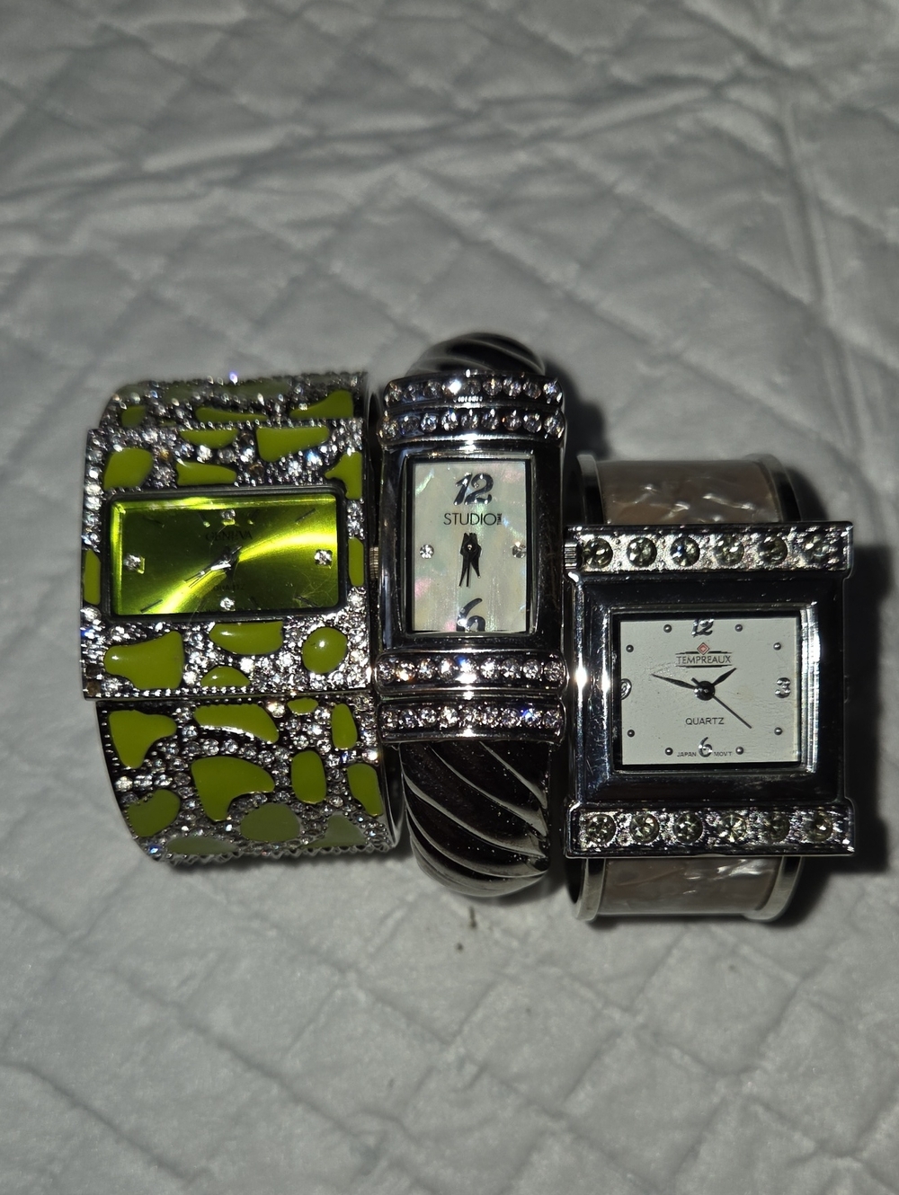 3-Piece Rhinestone Cuff Watches Set - Lime Green, Silver, White